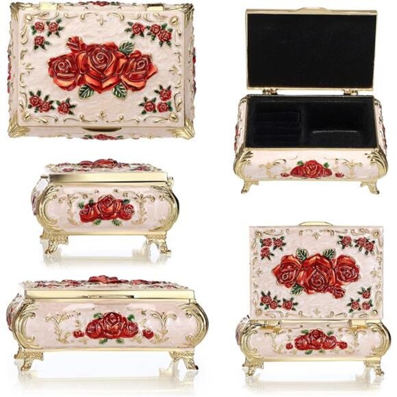 Vintage Metal Jewelry Box Small Treasure Chest Case Trinket Organizer Earrings - Picture 6 of 8